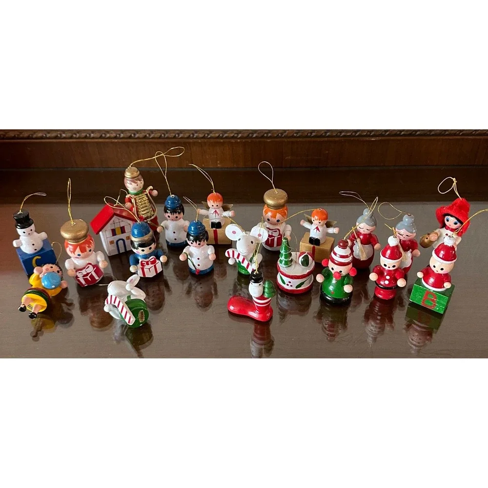 Vintage Lot of 21 Wooden Christmas Ornaments Hand Painted Folk Art Santa Snowman